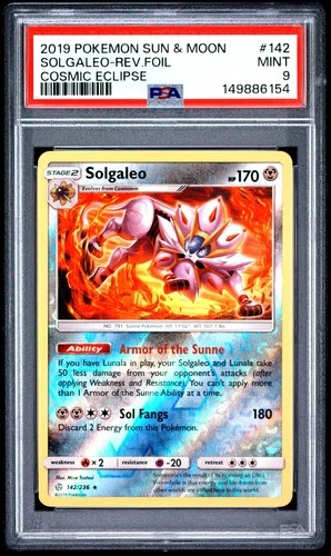 2019 POKEMON SUN & MOON COSMIC ECLIPSE #142 SOLGALEO-REVERSE FOIL PSA 9