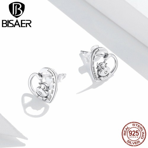 Bisaer Authentic S925 Sterling Silver Cute Cow Stud Ear Earrings For Women NEW - Picture 3 of 12
