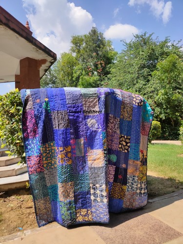 Indian Silk Kantha Quilt Handmade Sari Patchwork Bedspread Blanket Throw - Picture 11 of 77