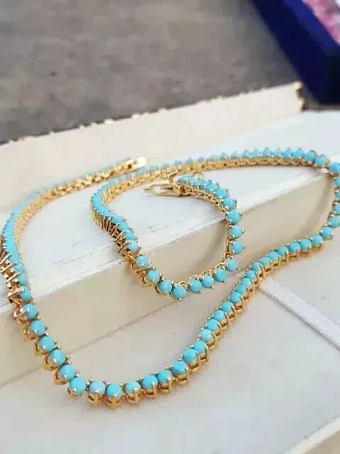 Collar de tenis turquesa de corte redondo de 3 mm enchapado en oro amarillo de 14 K de 18 pulgadas Foto 4 de 4