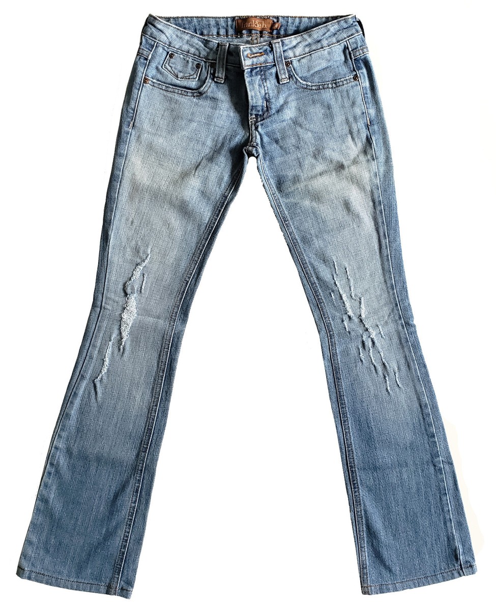 Frankie B distressed light blue wash low rise boot cut jean size