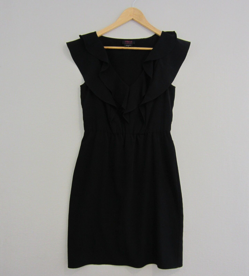 Wayne Cooper Dress Womens 8 Black Sheath Cap Sleeve Ruffle Frill Event Work