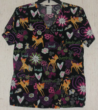 EXCELLENT WOMENS Disney BAMBI  THUMPER "happiness" FLORAL SCRUBS TOP SIZE S