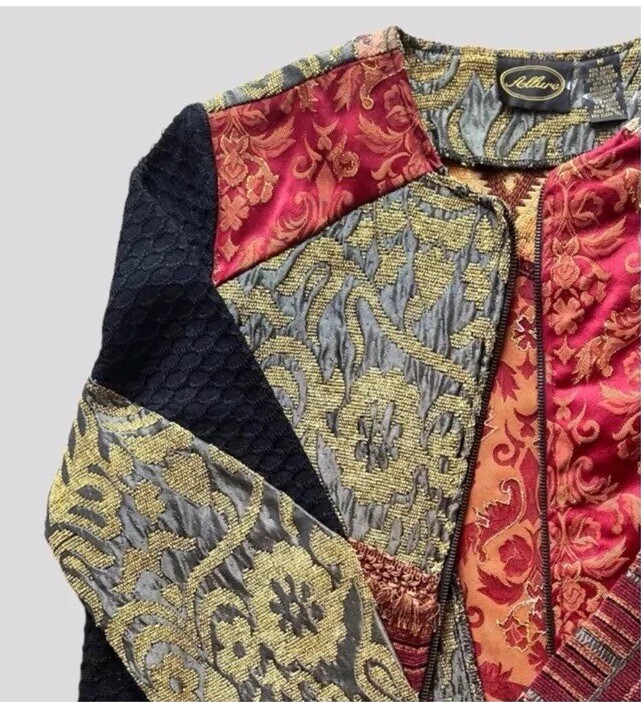 ALLURE Patchwork Jacket Full Zip Fringe Collarles… - image 6