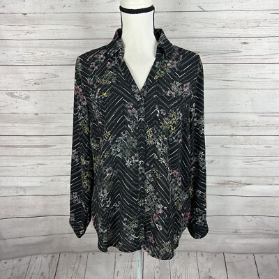 Maurices Womens Button Down Blouse Size Medium Black Floral Long Roll Tab Sleeve