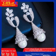 Cubic Zirconia CZ Symmetrical Leaf Long Dangle Pearl Drop Silver Plated Earrings