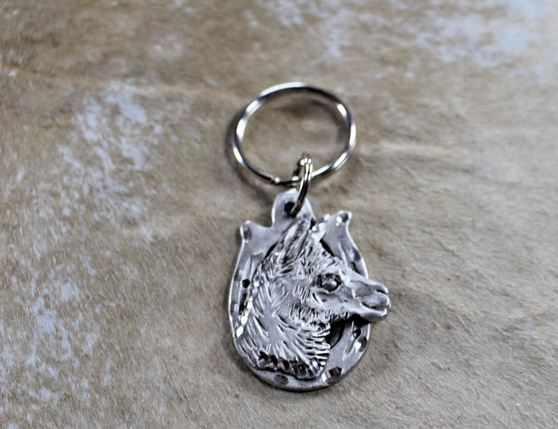 Llama Key Ring 2 x 1.50 in Horseshoe Diamond cut Pewter Handcrafted