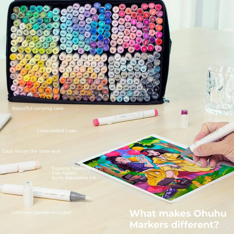 Ohuhu 320-color Double Tipped Alcohol Marker Set-Brush & Chisel-Refillable Ink - Image 3 of 4
