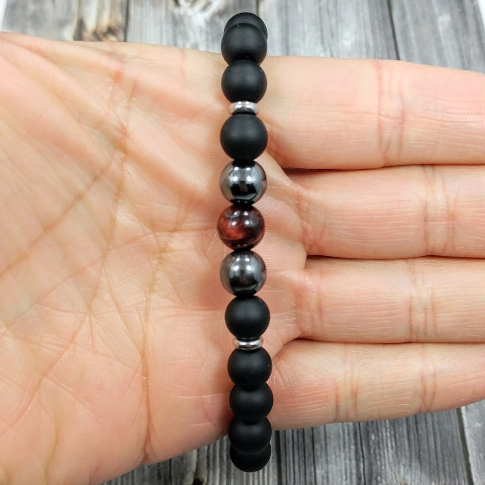 8"L STAINLESS STEEL 8mm Tigers Eye+Onyx+Hematite Gemstone Beaded Men's Bracelet - Image 4 of 4