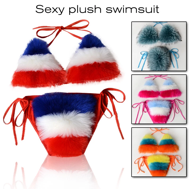Mujeres Sexy Imitación Piel de Zorro Bikini Esponjoso Body Halter Triángulo Sujetador Playa 16 Colores Foto 2 de 4