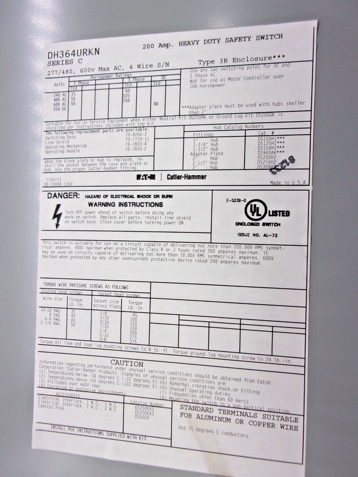 DH364URKN-CUTLER HAMMER-SAFETY SWITCH, 3P,4W,NON-FUSIBLE,200A,600V,NEMA 3R — 第 3/4 张图片