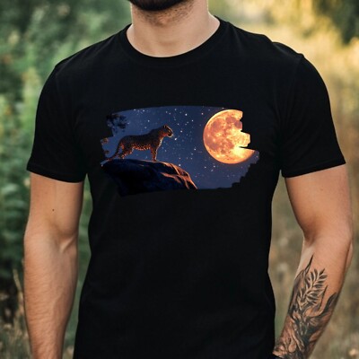 Herren T-Shirt Leopard bei Vollmond Motiv Baumwolle Größe XS bis 5XL