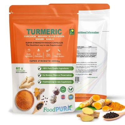 FOODPURA Ginger Turmeric Garlic & Black Pepper Capsules X 60 - 4000mg HIGH STRENGTH Vegan