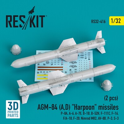 AGM-84 Harpoon Missiles (2) P-8A A-6 A-7E B-1B F-111C 1/32 3D ResKit RS32-0416