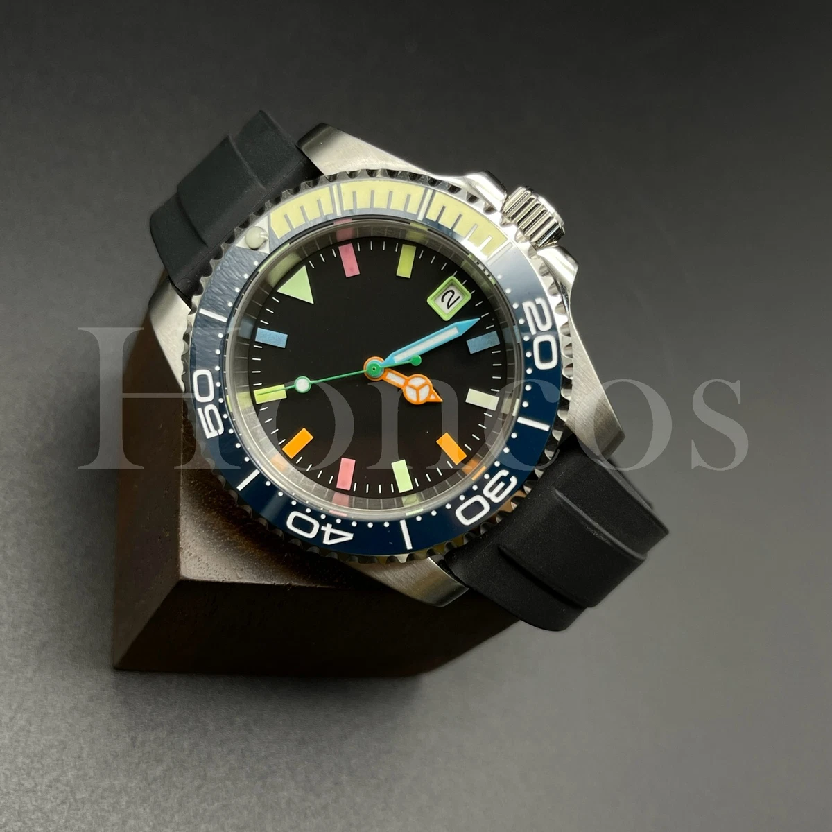 Custom Made Watch NH35 Auto Movement Seamaster Style BL LYL W Bezel Black Rubber