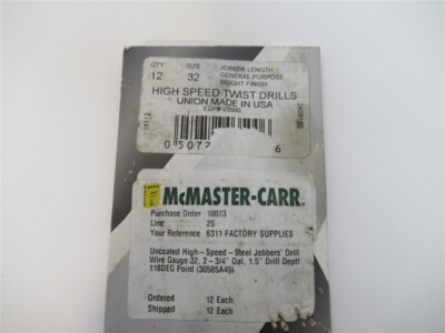 McMaster-Carr 03500 , #32 HSS Jobber Length Drill Bit (PK 12)