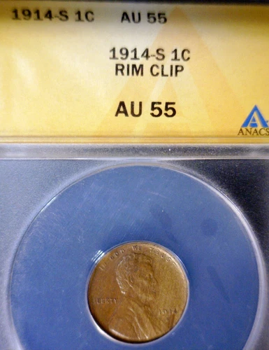 1914s ERROR ANACS AU55 Clipped Lincoln Wheat Cent Coin RARE DATE Clip  NR