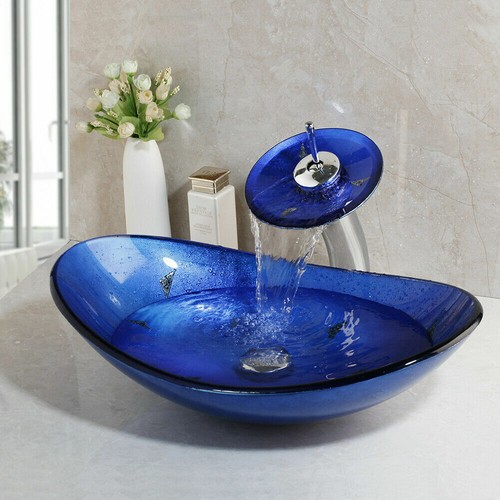 US Bathroom Vessel Sink Deck Mounted Bule Oval Basin Bowl Chrome Brass Mixer Tap - Picture 8 of 8