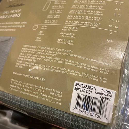 NIP Noritake Colorwave Spill Proof 60 x 120 Inch Oblong Tablecloth GREEN - Picture 6 of 9