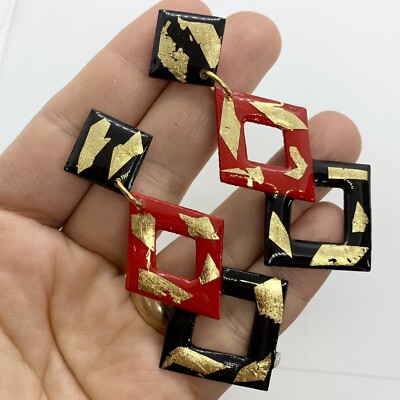 MAM VTG 80s GEOMETRIC LARGE RED BLACK GOLD FOIL LONG DROP DANGLE EARRINGS POST