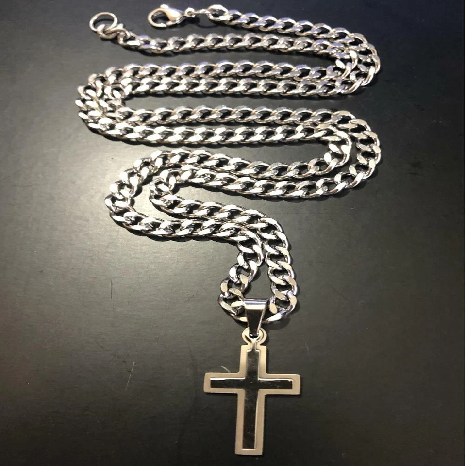 Collana con croce in acciaio inox da uomo catena rosario crocifisso 70 cm rapper - Immagine 2 di 4