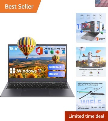 Ultra-Slim 15.6'' Laptop with Secure Login, Built-in Webcam & 3-5 Hour Battery