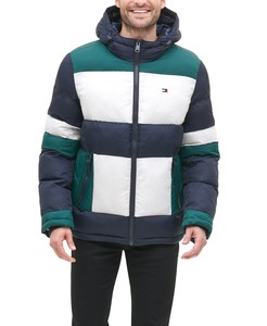 tommy hilfiger men's quilted color blocked hooded puffer jacket