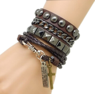 Men Punk Rock Chain Rivet Cross Multi-layer Wide Leather Cuff
