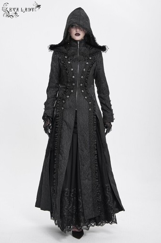 Eva Lady Women Black Gothic Punk Double Breasted Extra Long Hooded Coat - Picture 12 of 24