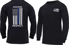 Black Thin Blue Line US Flag Honor Respect Flag Double Print Long Sleeve T-Shirt