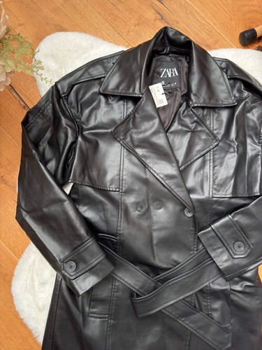 ZARA DOUBLE BREASTED BLACK FAUX LEATHER TRENCH COAT BELT Long size XS 4432 - Picture 3 of 19