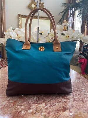 TORY BURCH Jaden Blue Brown Canvas Leather Tote Bag EUC