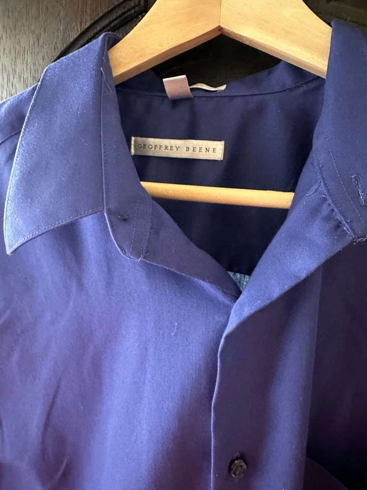 Geoffrey Beene Wrinkle Free Dress Shirt size 17 36/37 Fitted Blue Sateen - Image 2 of 4