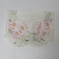 40" Dresser Scarf Vintage Embroidered with Crochet Lace Pink Flower Table Runner