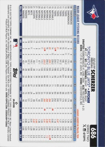 Max Scherzer 2025 Topps #686 MLB Blue Jays ID:144395 - Picture 2 of 2