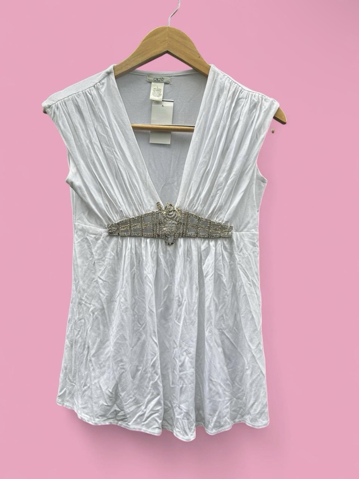 Y2K Vintage White Rhinestone Belt Blouse Size Small Whimsical Y2K Fashion