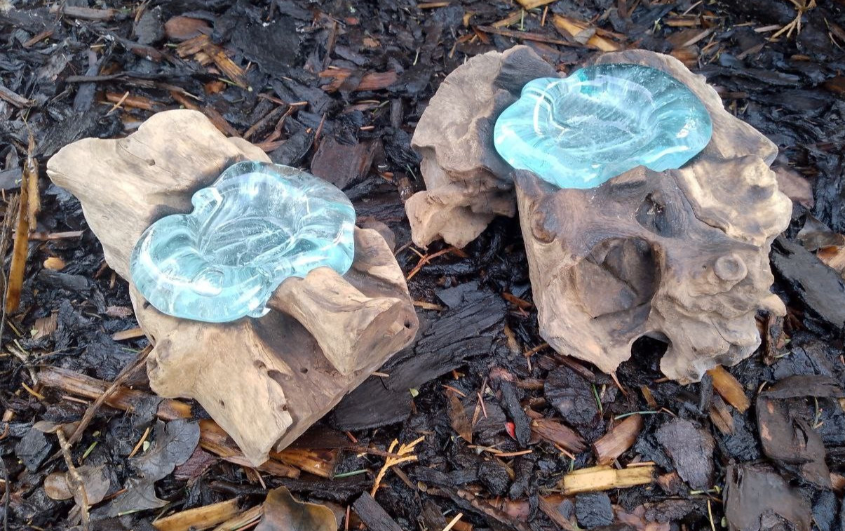 2 x Molten Glass Candle Holder on Rustic Teak Wood Root Planter Ornament Gift A3