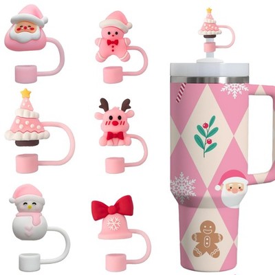 6PCs Pink Christmas Straw Toppers for Stanley Cup 40oz/30oz Tumbler, 3D Silic...