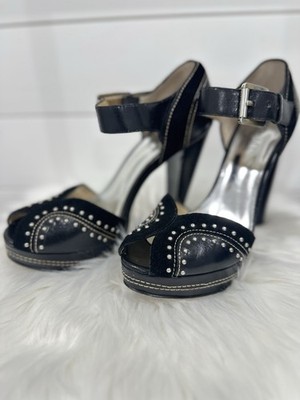 MICHAEL KORS BLACK SILVER STUDDED ASTOR QUARTER STRAP PLATFORM SUEDE HEEL 7.5