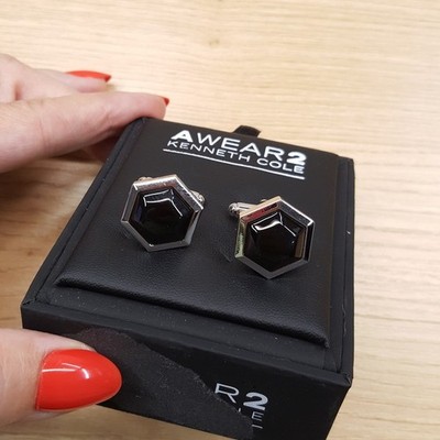 Kenneth Cole AWEAR2 Mens Cuff Links Silver Tone Black Onyx Stone