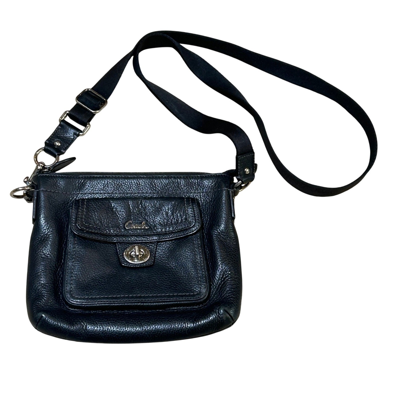 COACH Black Leather Crossbody Bag Purse Turnlock Flap Pocket Small Vintage