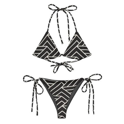 Black Geometric Pattern Women String Bikini Swimsuit Beachwear