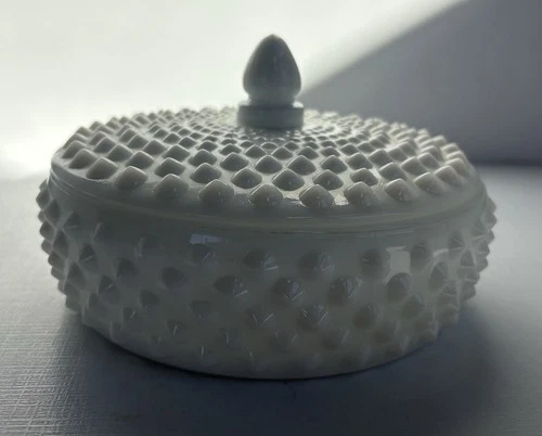 Vintage Milk Glass Hobnail Covered Candy Dish Trinket Box Lidded Fenton Style