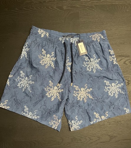 Vilebrequin Men’s XL Blue/White Octopus Swim Shorts Elastic Waist Back Pocket