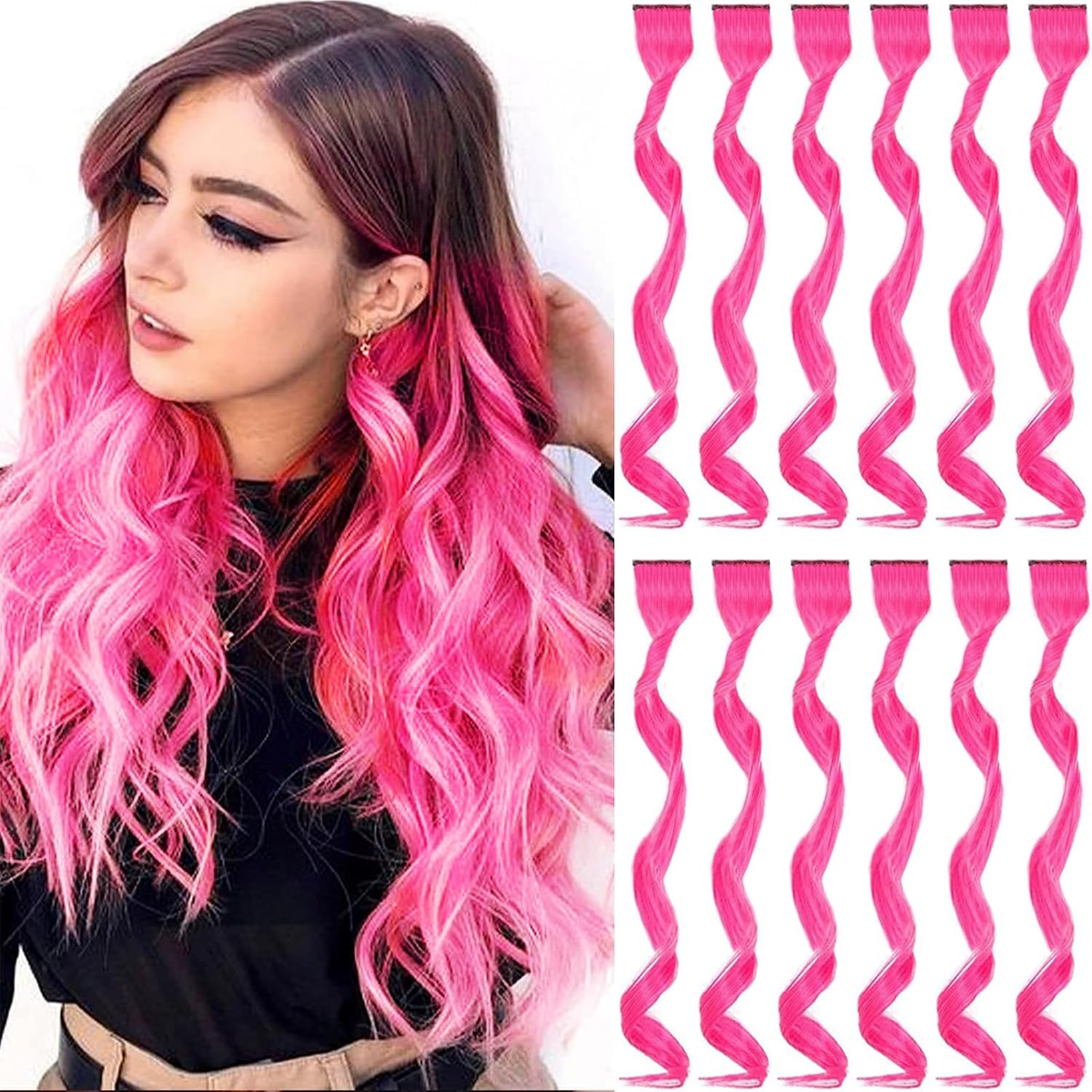 12 PCS Hot Pink Hair Extensions Clip In, Curly Wavy Colored