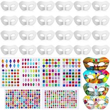 24 Pack Paper Mache Art Mask White Craft Masquerade Masks and Gem Stickers DI...