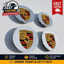 4 Porsche Silver Center Caps Concave 76mm Royal Crest 992 Cayenne 911 Carrera