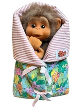 Vintage 1990s Little Monkey Lost Puppet in Jungle Blanket 11" Flocked Face Plush