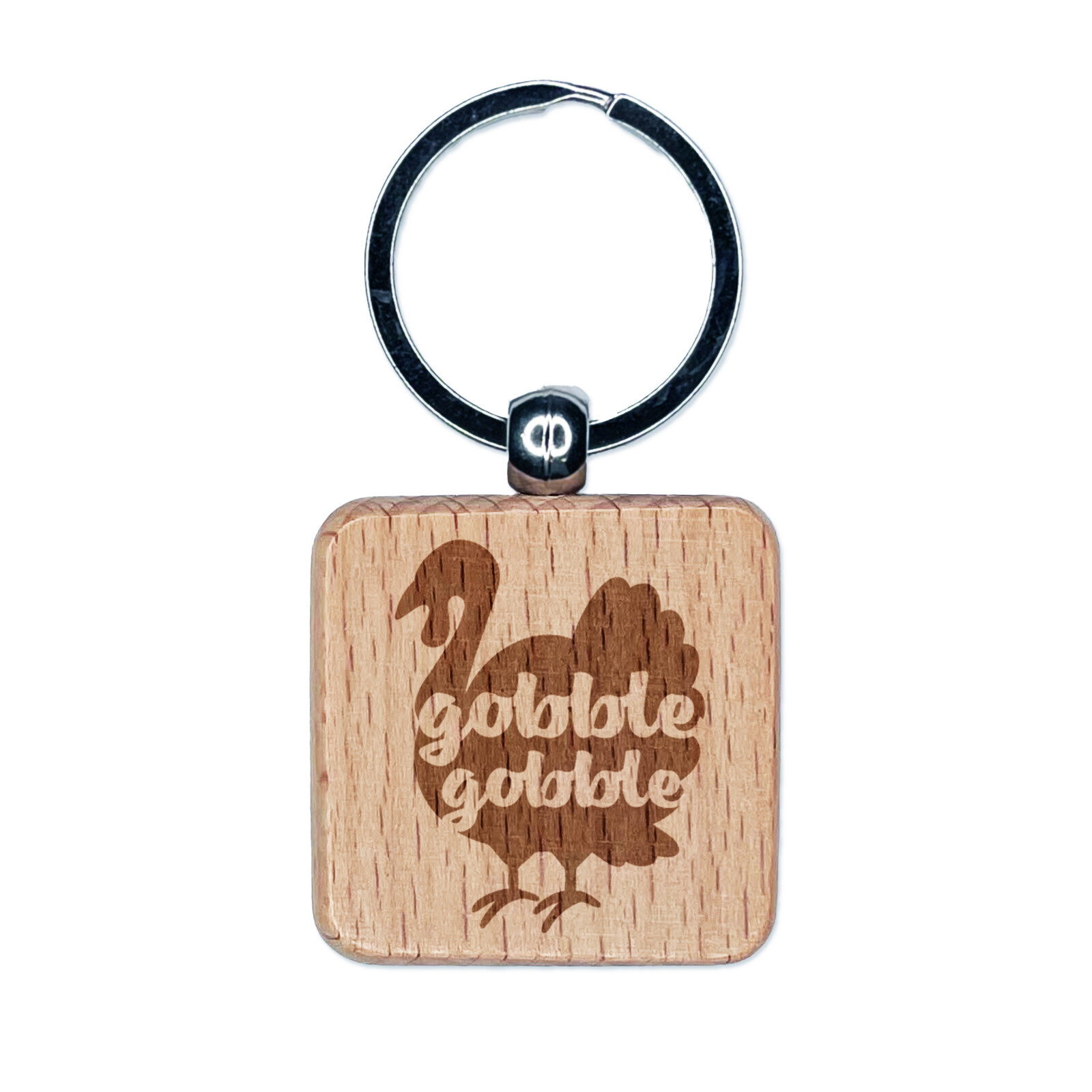 Thanksgiving Turkey Silhouette Wood Keychain with Gobble Gobble Engraving