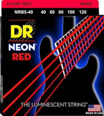 DR NRB5-40 Neon Red Bass Guitar Strings; 5-String set gauges 40-120